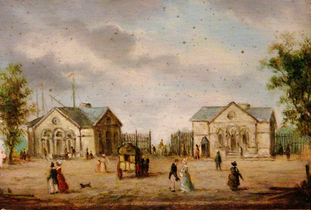 countryside painting of people milling about